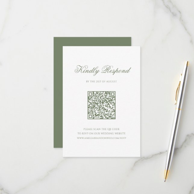 Cartons Réponse Sage Green Leaf Monogram Crest QR Code Mariage (Devant/Arrière en situation)
