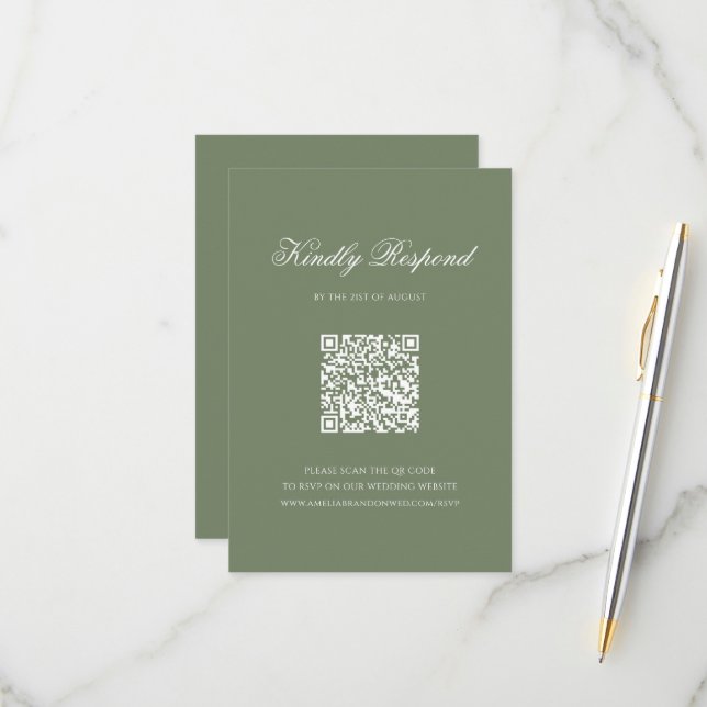 Cartons Réponse Sage Green Leaf Monogram Crest QR Code Mariage (Devant/Arrière en situation)