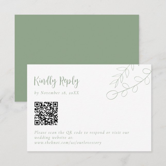 Cartons Réponse Sage Green Mariage Répondre au boho QR Code (Devant / Derrière)