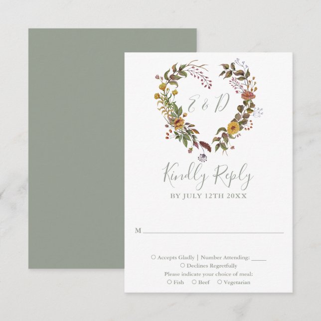 Cartons Réponse Sage Green Rustic Fleur sauvage Floral Mariage (Devant / Derrière)