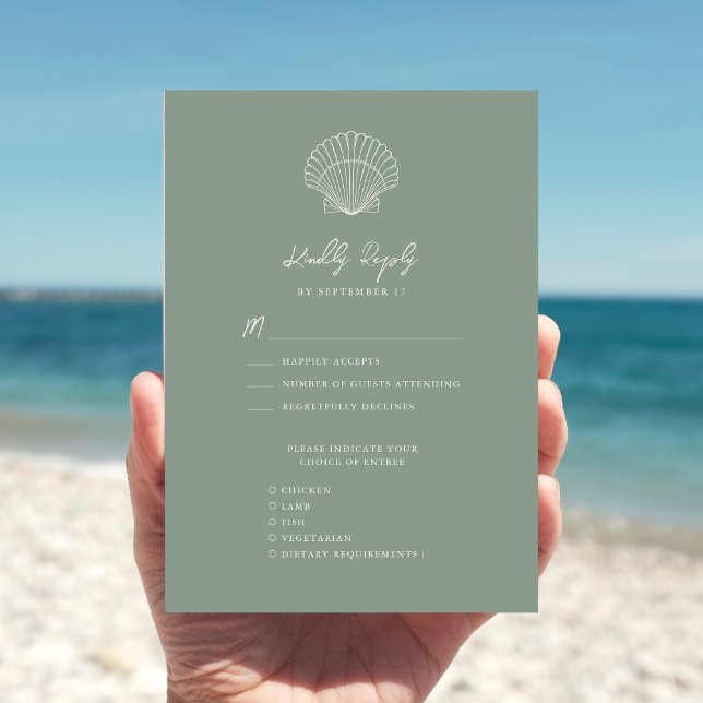 Cartons Réponse Sage Green Seashell Beach Destination Mariage (Créateur téléchargé)