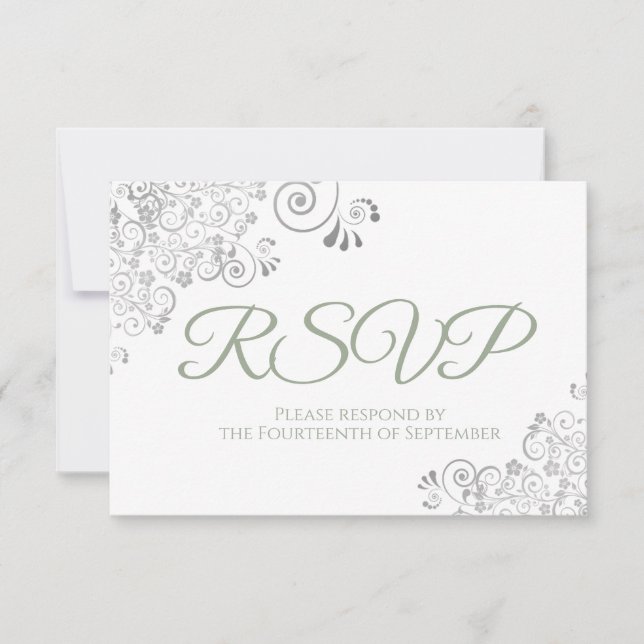 Cartons Réponse Sage Green sur blanc Elegant Mariage en dentelle a (Devant)
