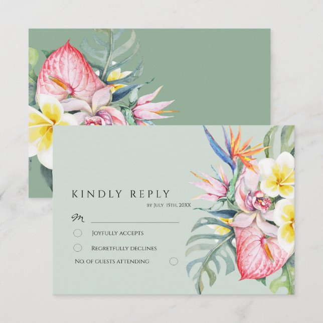 Cartons Réponse Sage Green Tropical Floral Hawaii Wedding (Devant / Derrière)