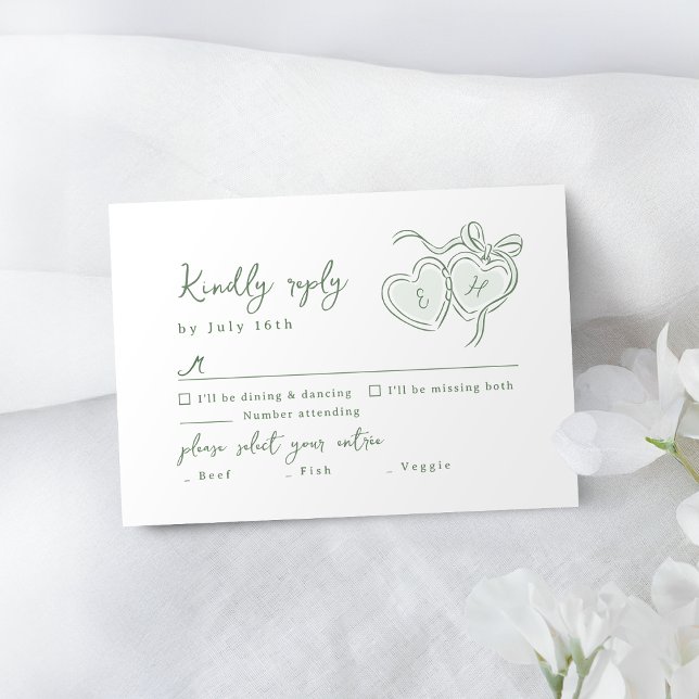 Cartons Réponse Sage Hand Drawn Hearts Monogram Whimsical Wedding (Sage Hand Drawn Hearts Monogram Whimsical Wedding RSVP Card)
