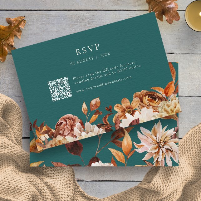 Cartons Réponse Sarcelle Rustique (Rustic Fall Leaves Floral Teal RSVP Card QR Code by Painted Paperie
)