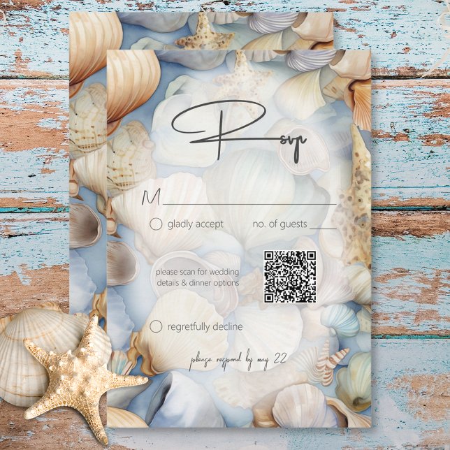 Cartons Réponse Scène de coquillages tropicaux Mariage moderne Cod (Tropical Seashells Scene Modern Wedding QR Code RSVP Card)