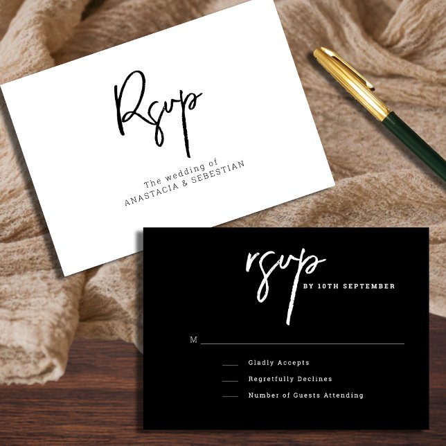 Cartons Réponse Script minimal Mariage noir et blanc moderne (Minimal Script Modern Black and White Wedding RSVP Card)