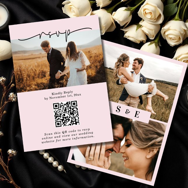 Cartons Réponse Script minimaliste rose pâle Code QR Mariage photo (Créateur téléchargé)