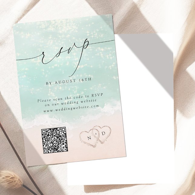 Cartons Réponse Script moderne Coeurs de sable QR Code Plage Maria (Modern Script Sand Hearts QR Code Beach Wedding RSVP Card)