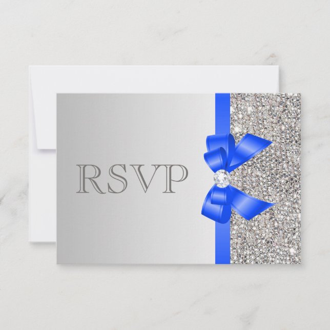 Cartons Réponse Séquins d'argent Diamond Royal Blue Bow Wedding RS (Devant)