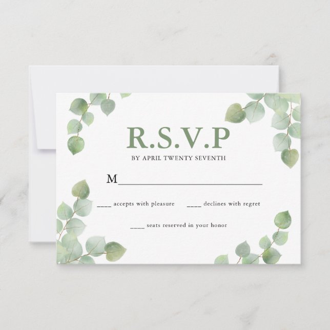 Cartons Réponse Simple aquarelle Eucalyptus Mariage vert (Devant)