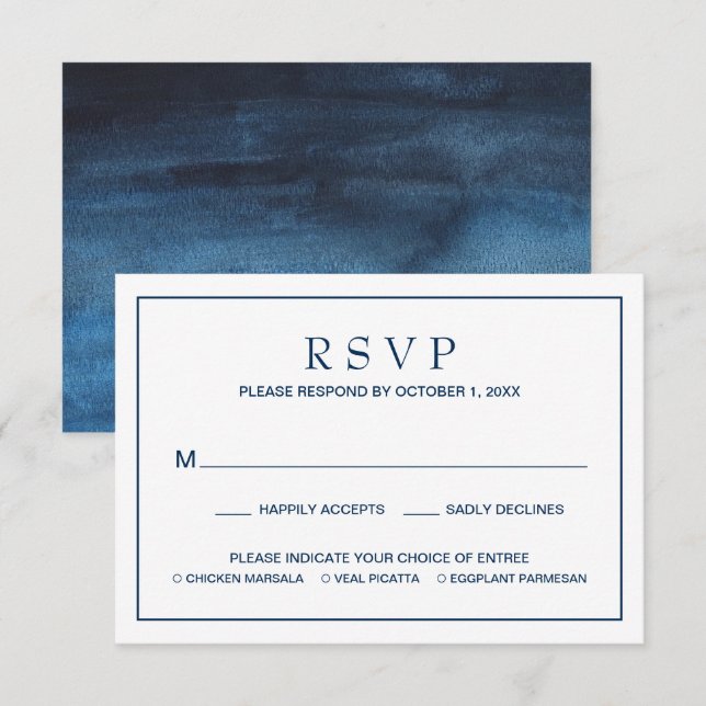 Cartons Réponse Simple aquarelle repas Mariage bleu marine (Devant / Derrière)