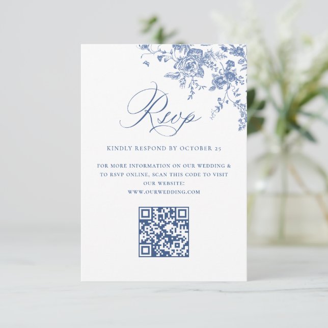 Cartons Réponse Simple Elégant Bleu Français Jardin Mariage Code Q (Debout devant)