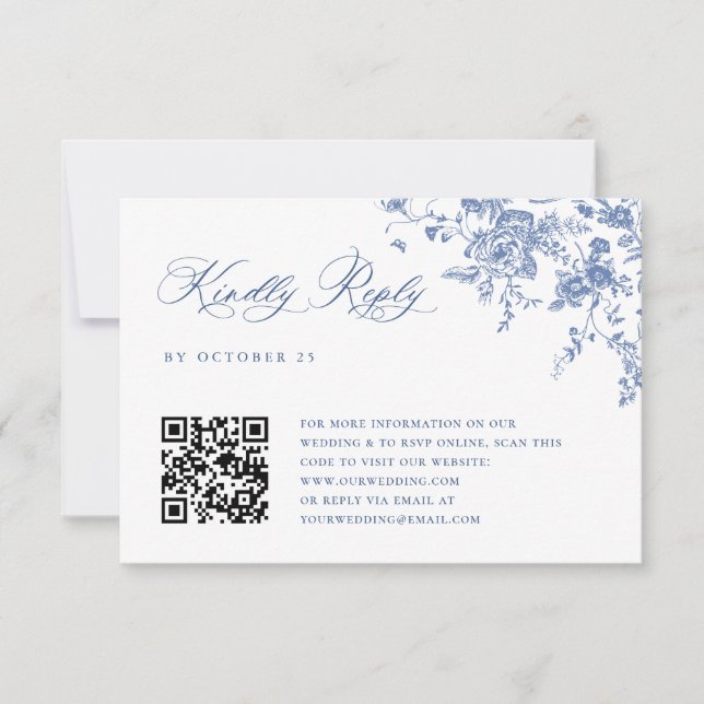 Cartons Réponse Simple Elégant Bleu Français Jardin Mariage Code Q (Devant)