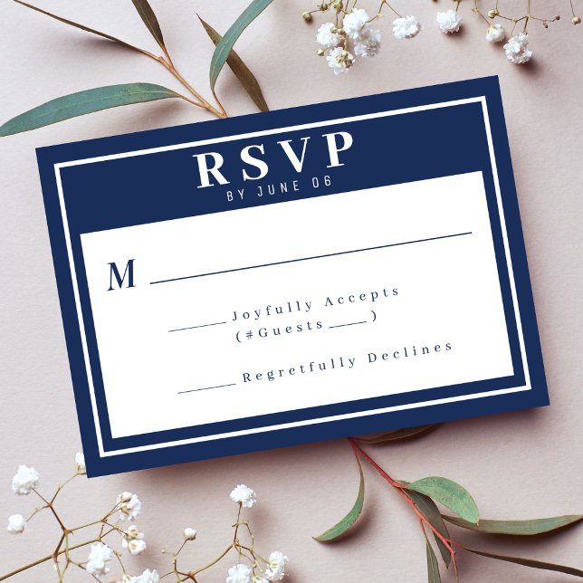 Cartons Réponse Simple Mariage de frontière bleu bleu marine (Simple Nautical Blue White Border Wedding RSVP Card
)