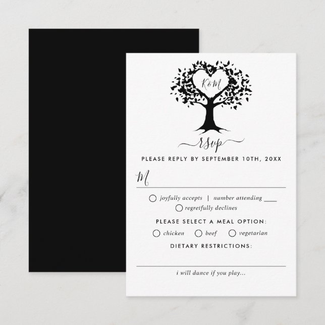 Cartons Réponse Simple Mariage de l'arbre cardiaque du Monogramme  (Devant / Derrière)