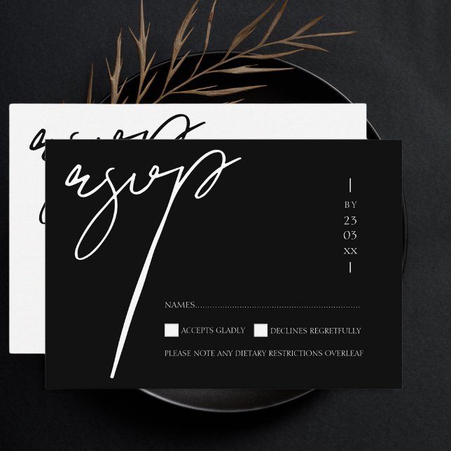 Cartons Réponse Simple Mariage Typographie Script Blanc Noir (Créateur téléchargé)