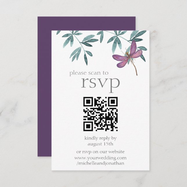 Cartons Réponse Simple moderne Dragonfly Greenery Mariage QR Code (Devant / Derrière)