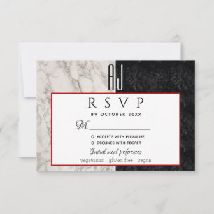 Cartons Réponse Simple moderne rouge noir et Marbre blanc Mariage