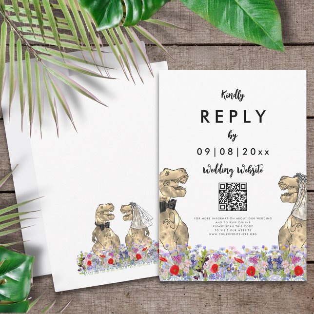 Cartons Réponse Site de mariage sur le thème des dinosaures Répons (T-Rex bride and groom and colorful wildflowers Dinosaur wedding reply enclosure card with QR code)