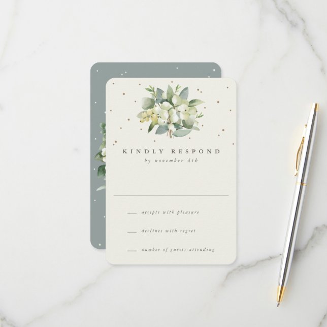 Cartons Réponse Snowberry vert/crème+Mariage Eucalyptus (Devant/Arrière en situation)