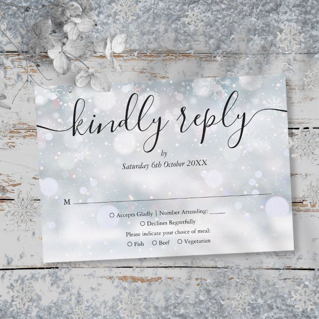 Cartons Réponse Snowflakes d'hiver Script Répondre (Winter Snowflakes Script Kindly Reply RSVP Card)