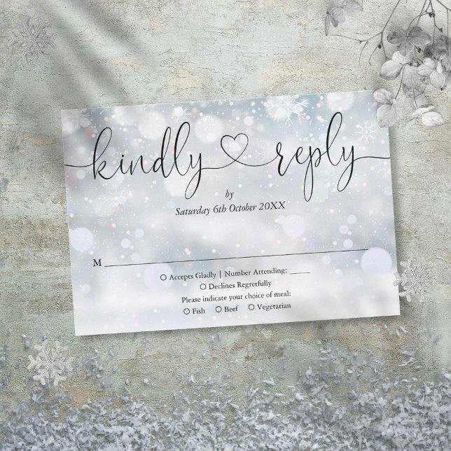 Cartons Réponse Snowflakes Script Heart Répondre Kindly (Winter Snowflakes Script Heart Kindly Reply RSVP Card)