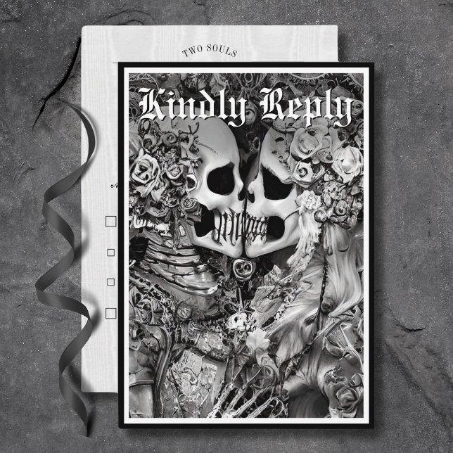 Cartons Réponse Sombre gothique Noir & Blanc Squelette Couple Dîne (Dark Gothic Black & White Skeleton Couple Dinner RSVP Card)