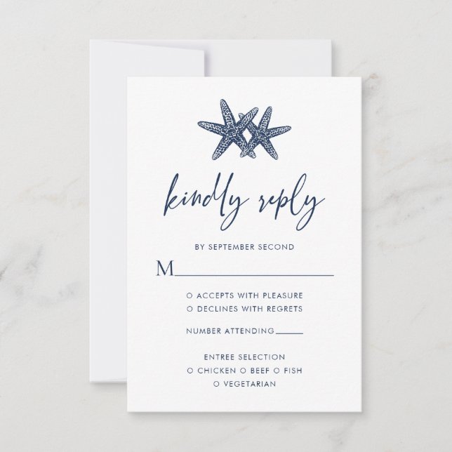 Cartons Réponse Starfish Modern Navy Blue Beach Mariage (Devant)