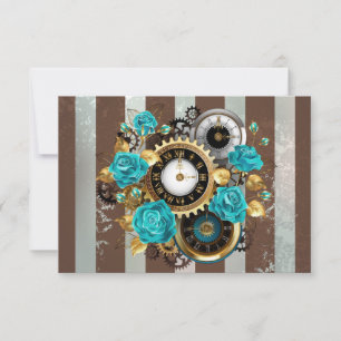 Cartons Réponse Steampunk Clock and Turquoise Roses on Striped