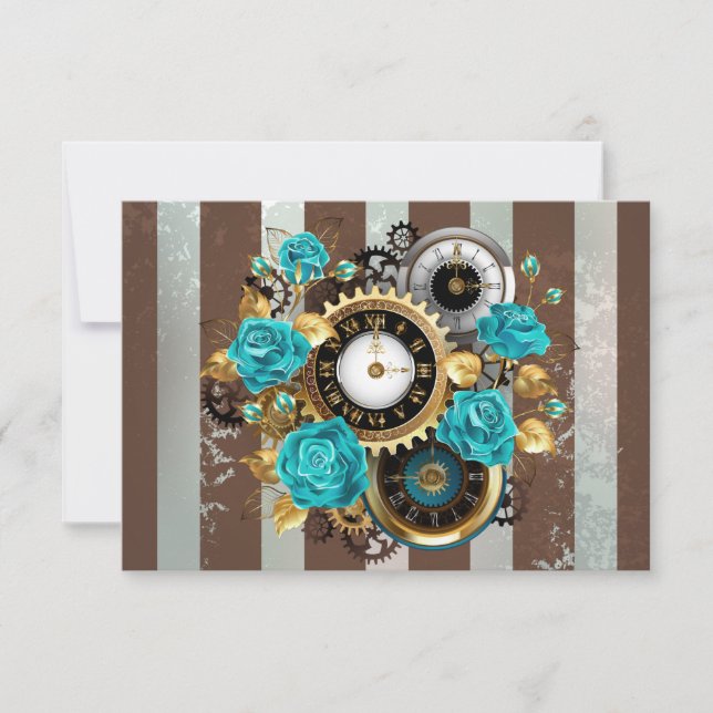 Cartons Réponse Steampunk Clock and Turquoise Roses on Striped (Devant)