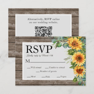 Cartons Réponse Sunflowers Rustic Wood Mariage Website QR Code RSV