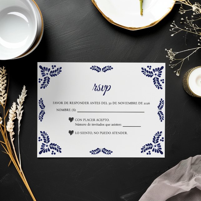 Cartons Réponse Talavera Blue Floral Minimalist Spanish Wedding (Talavera Blue Floral Minimalist Spanish Wedding RSVP Card)