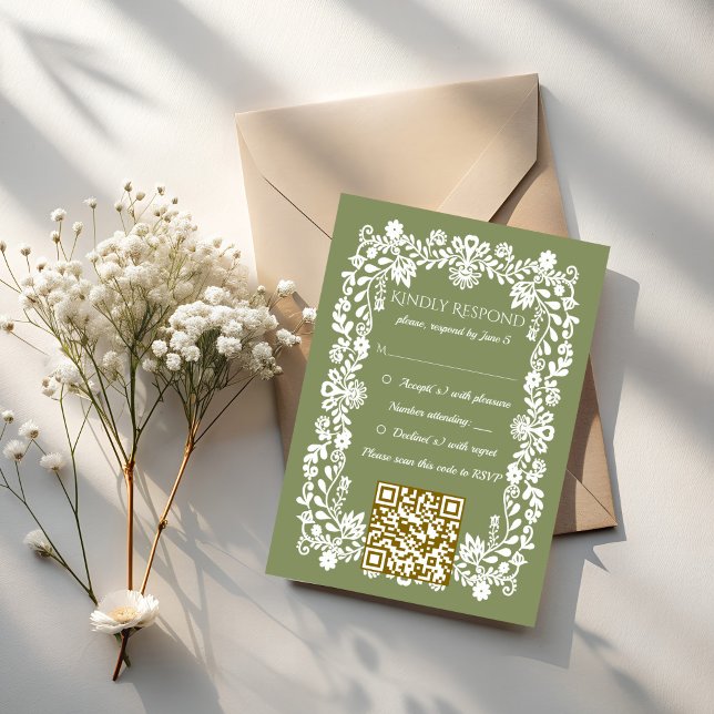 Cartons Réponse Talavera sage green Mexican wedding (Talavera sage green Mexican wedding QR RSVP Cards)