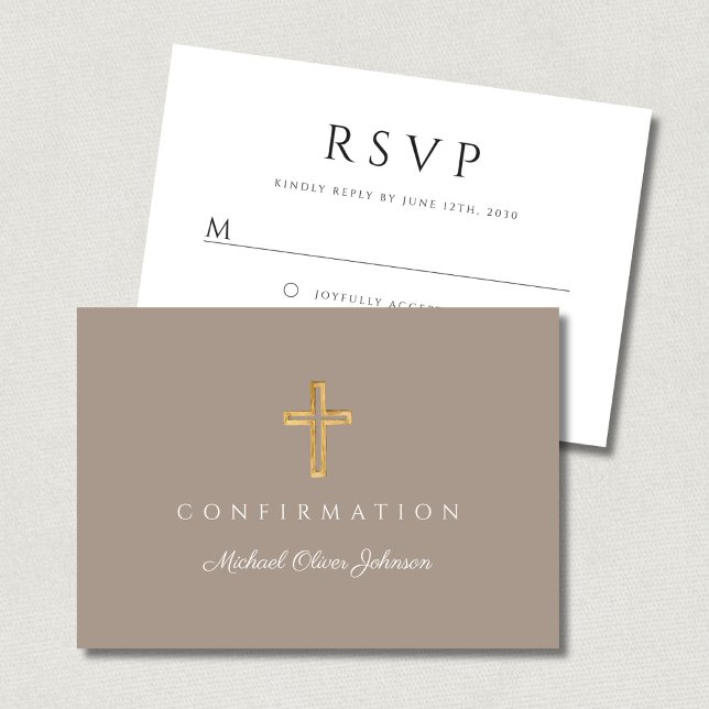 Cartons Réponse Taupe Boy Religious Cross Confirmation (Taupe Boy Religious Cross Confirmation RSVP Card)