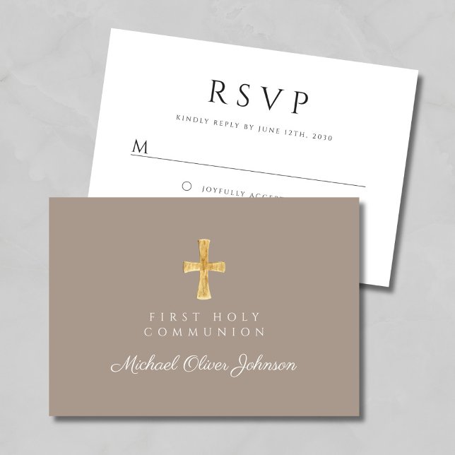 Cartons Réponse Taupe Croix Religieuse Premier Garçon Communion (Taupe Religious Cross Boy First Communion RSVP Card)