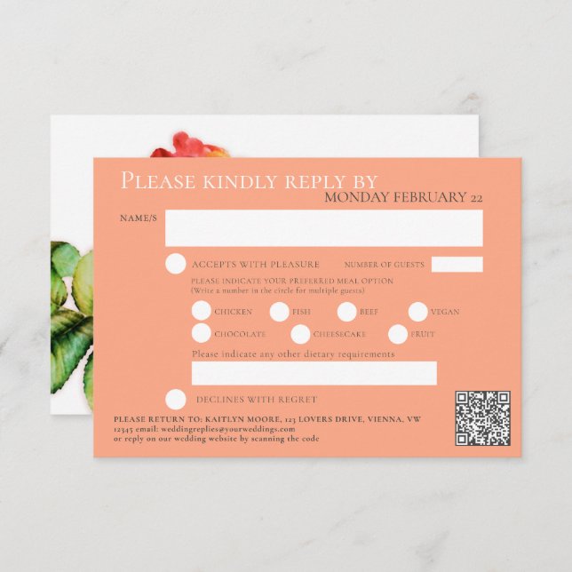 Cartons Réponse Tea rose aquarelle mariage QR code repas orange (Devant / Derrière)