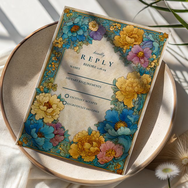 Cartons Réponse Teal Gold Botanical Wedding (Créateur téléchargé)