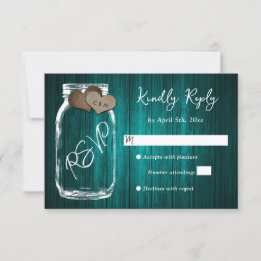 Cartons Réponse Teal Rustic Wood Mason Jar Burlap Hearts Wedding