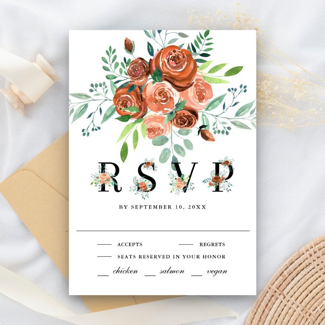Cartons Réponse Terme brûlé Orange Rose Terracotta Floral Mariage (Créateur téléchargé)