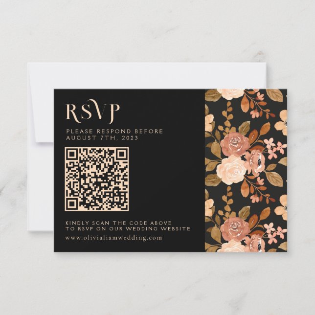 Cartons Réponse Terracotta Black Floral Automne QR Code Mariage (Devant)