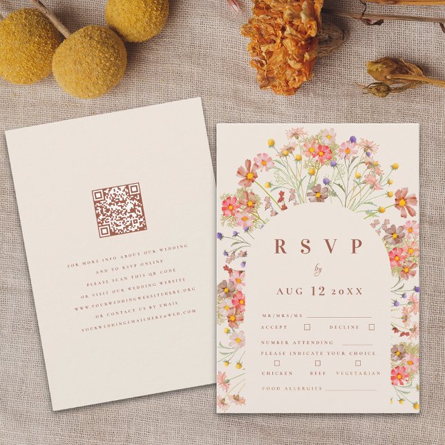 Cartons Réponse Terracotta Boho Fall Floral Repas Options (Boho fall rustic wildflower elegant floral arch terracotta beige wedding rsvp card with meal options)