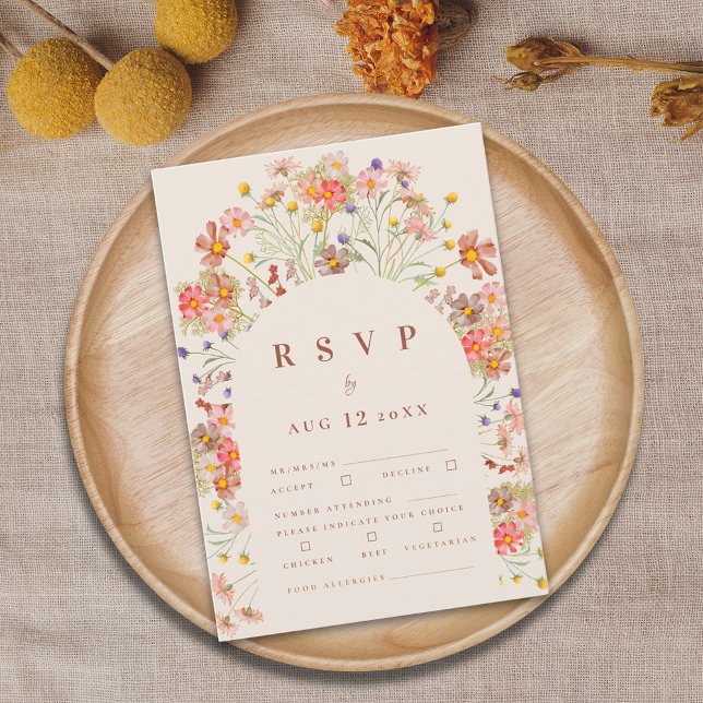 Cartons Réponse Terracotta Boho Fall Floral Repas Options (Boho fall rustic wildflower wedding rsvp card Watercolor florals meal options)