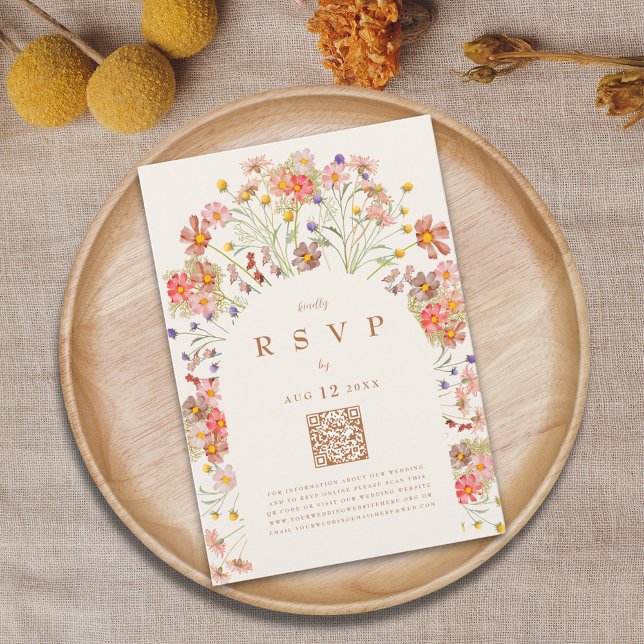 Cartons Réponse Terracotta Boho Fall Floral Repas Options (Boho fall Wildflower floral arch Wedding RSVP website QR code watercolor autumn flowers terracotta )
