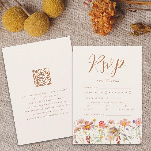 Cartons Réponse Terracotta Boho Fall Floral Repas Options (Boho fall wildflower wedding RSVP card terracotta burnt orange beige brown autumn watercolor florals)