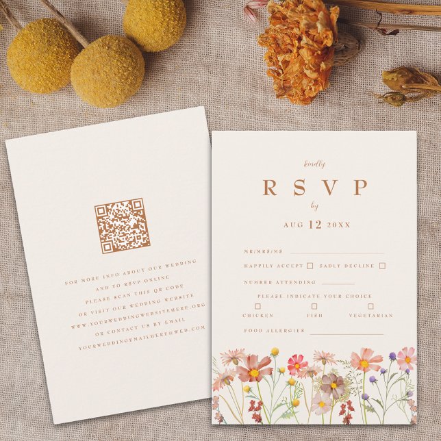 Cartons Réponse Terracotta Boho Fall Floral Repas Options (Boho fall wildflower wedding rsvp card terracotta brown burnt orange beige watercolor autumn florals)
