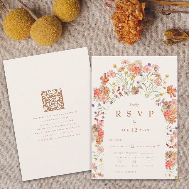 Cartons Réponse Terracotta Boho Fall Floral Repas Options (Boho fall wildflower floral arch terracotta burnt orange beige wedding RSVP card autumn watercolor )