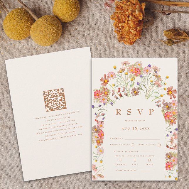 Cartons Réponse Terracotta Boho Fall Floral Repas Options (Terracotta Boho fall floral wedding rsvp card with website qr code)