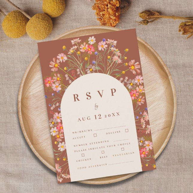 Cartons Réponse Terracotta Boho Fall Rustic Floral Options de repa (Terracotta and beige boho fall rustic wildflower floral arch wedding meal options and food allergies)
