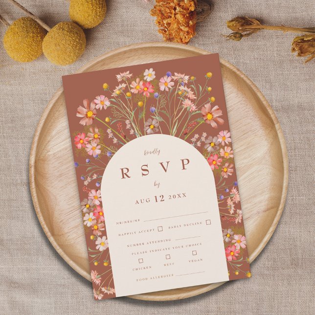 Cartons Réponse Terracotta Boho Rustic Floral Arch Options de repa (Terracotta burnt orange beige boho rustic wildflower floral arch fall wedding RSVP card Watercolor )